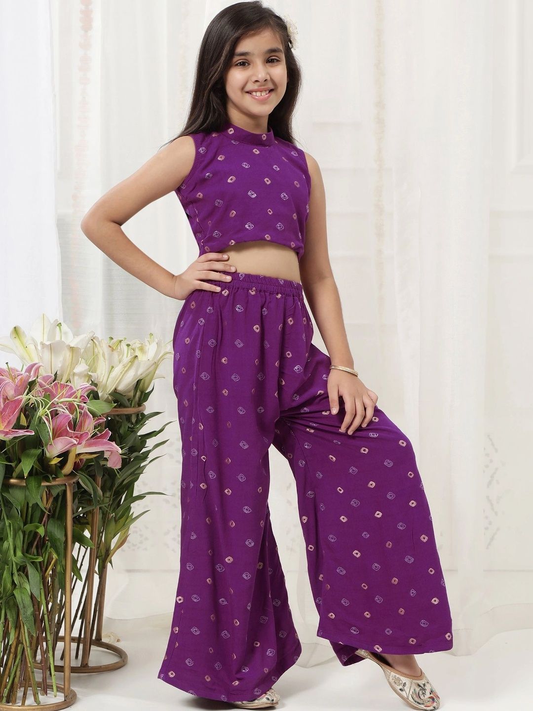 Little Bansi Girls Bandhani Embroidered Regular Pure Cotton Top with Palazzos-picture-49