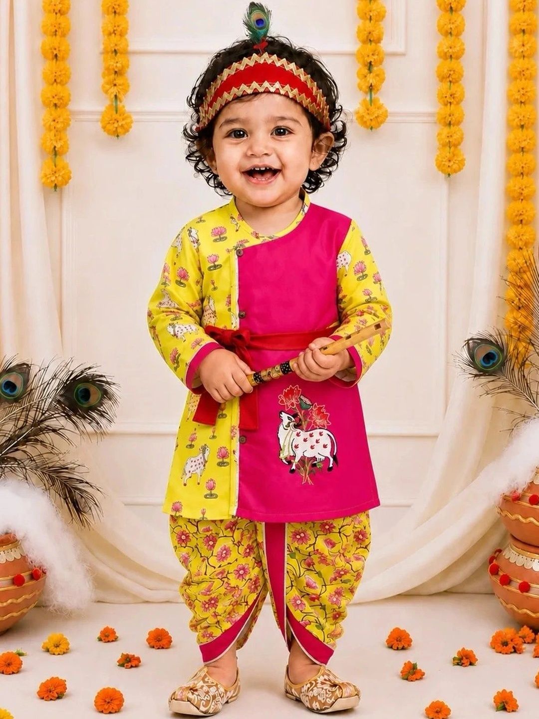 BownBee Boys Ethnic Motifs Printed Angrakha Thread Work Pure Cotton Kurta with Dhoti Pants-picture-40