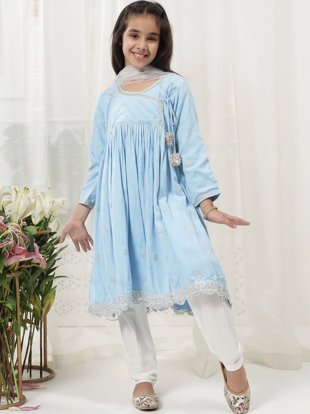 Little Bansi Girls Embroidered Angrakha Pure Cotton Kurta with Pyjamas & With Dupatta-picture-17
