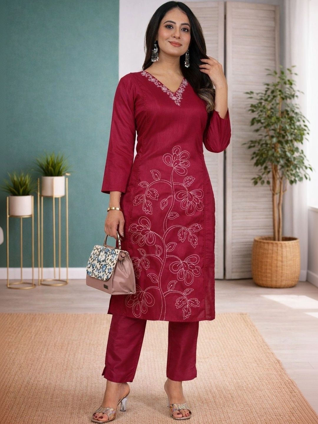 Sangria Floral Embroidered Tunic with Trousers-picture-35