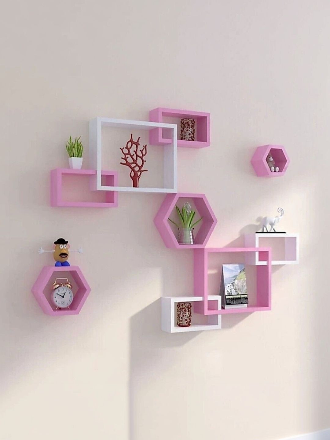 TFS TRADERS Pink & White MDF Wall Shelf with Keyholders-picture-13