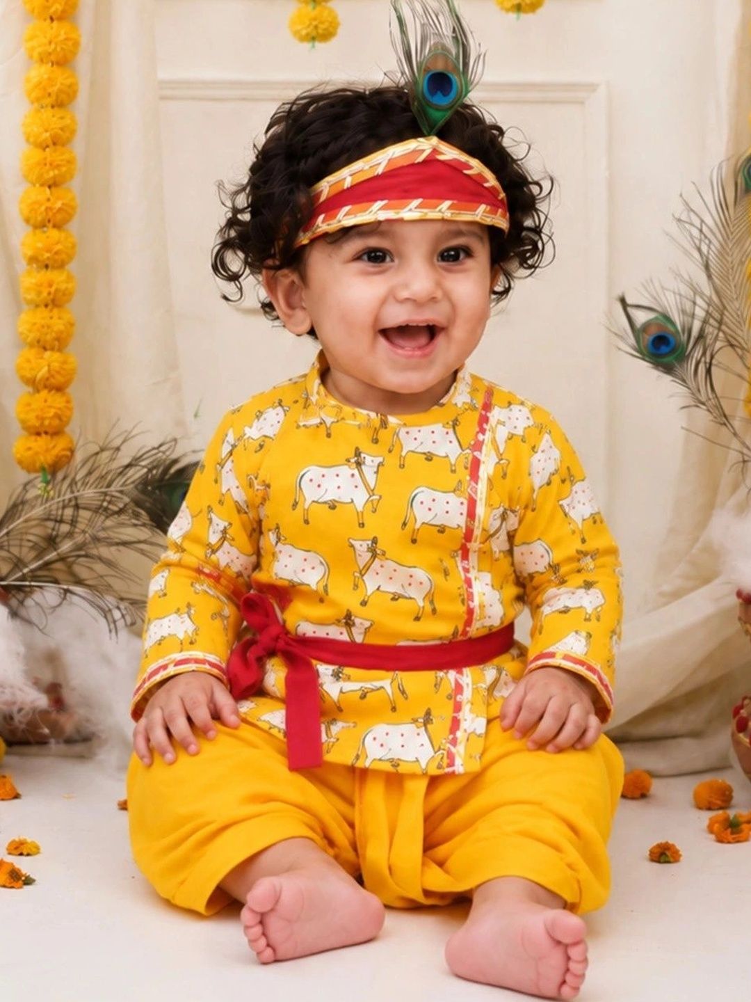 BownBee Boys Ethnic Motifs Printed Angrakha Pure Cotton Kurta with Dhoti Pants-picture-18