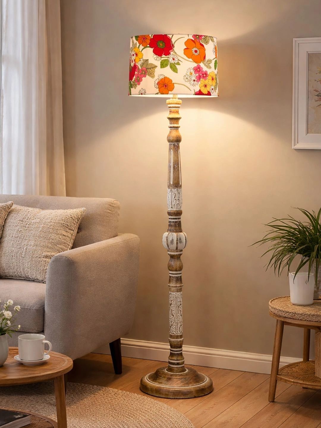 Decorcity Beige & Red Floral Printed Wooden Floor Lamps-picture-54