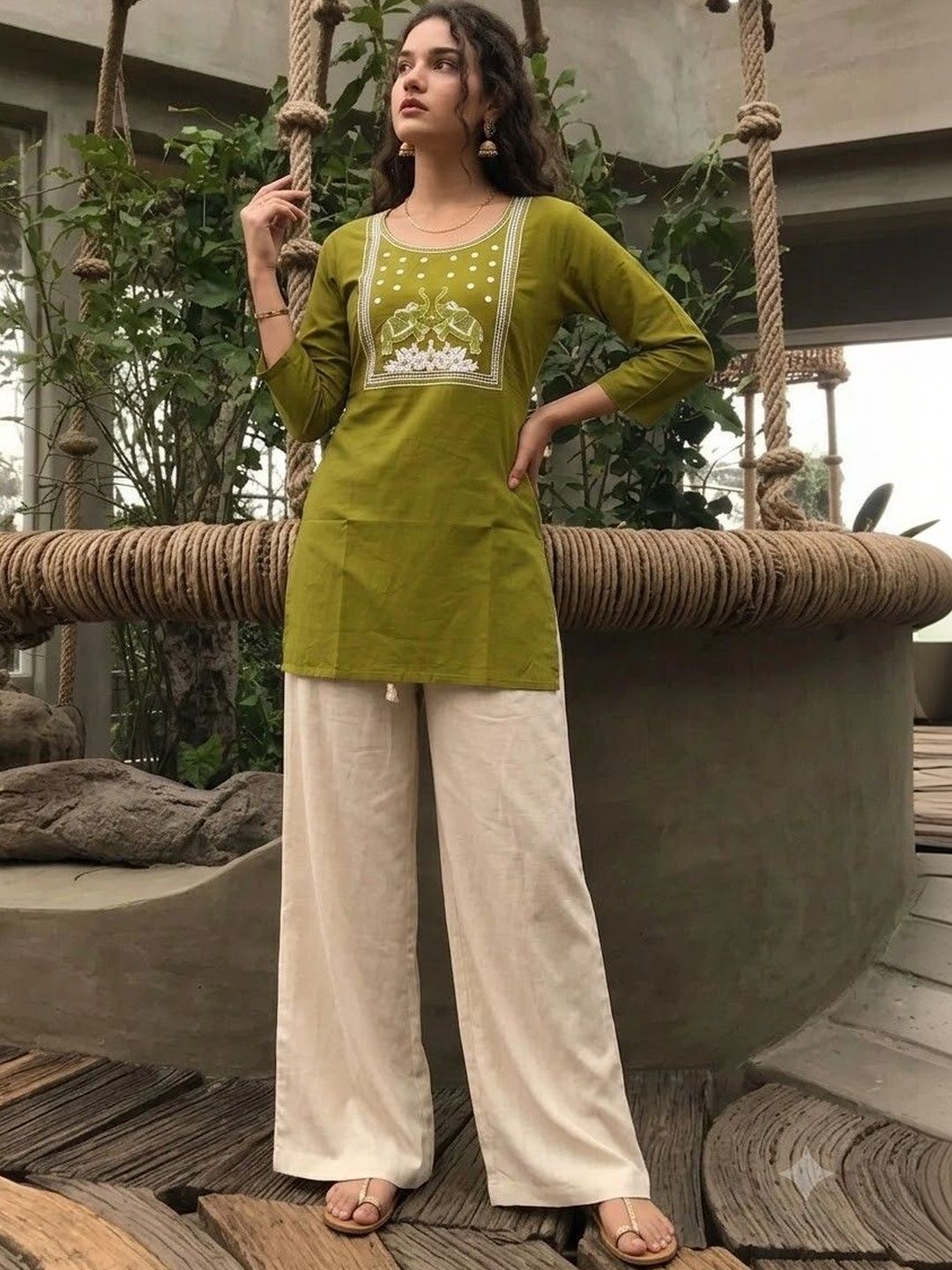 HOUSE OF AXI Ethnic Motifs Embroidered Thread Work Pure Cotton Thread Work Kurti-picture-47