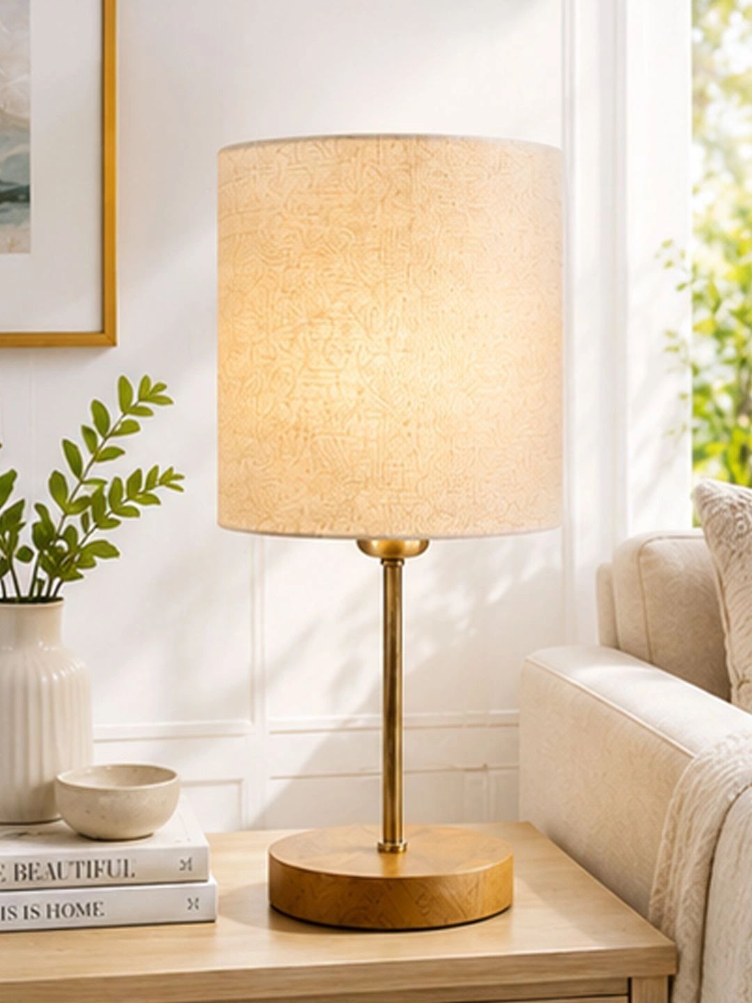 Decorcity Beige Textured Wood Traditional Cylindrical Shaped Table Lamp with Bulb-image-49