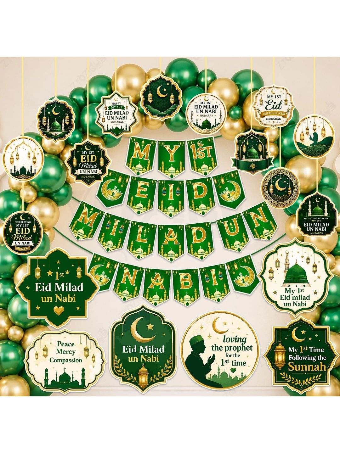 ZYOZI 71-Pcs Green Glossy Reusable Festive Decor - Milad Un Nabi Decorations Kit-picture-15