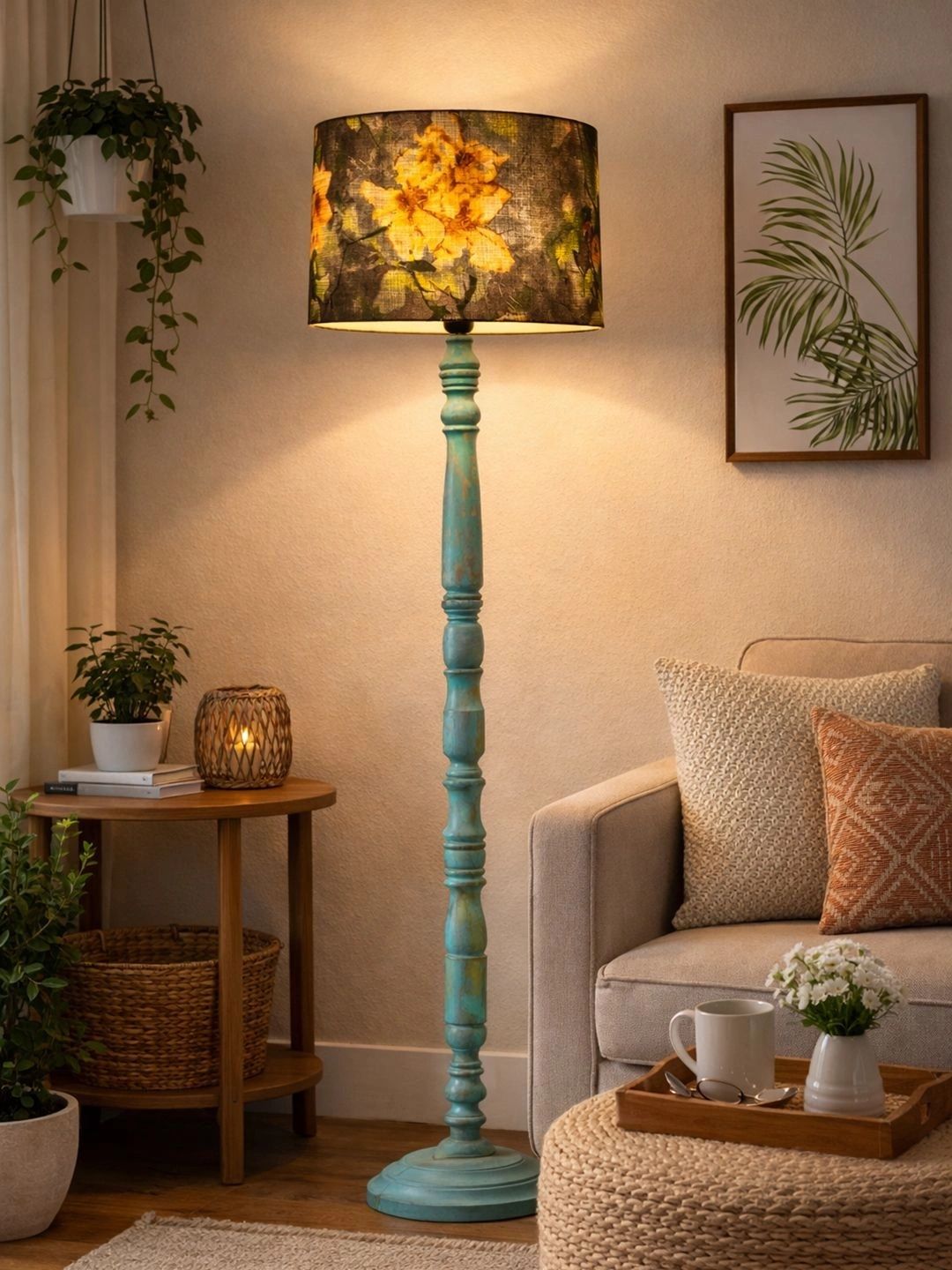 Decorcity Yellow & Teal Floral Printed Wooden Floor Lamps-picture-57