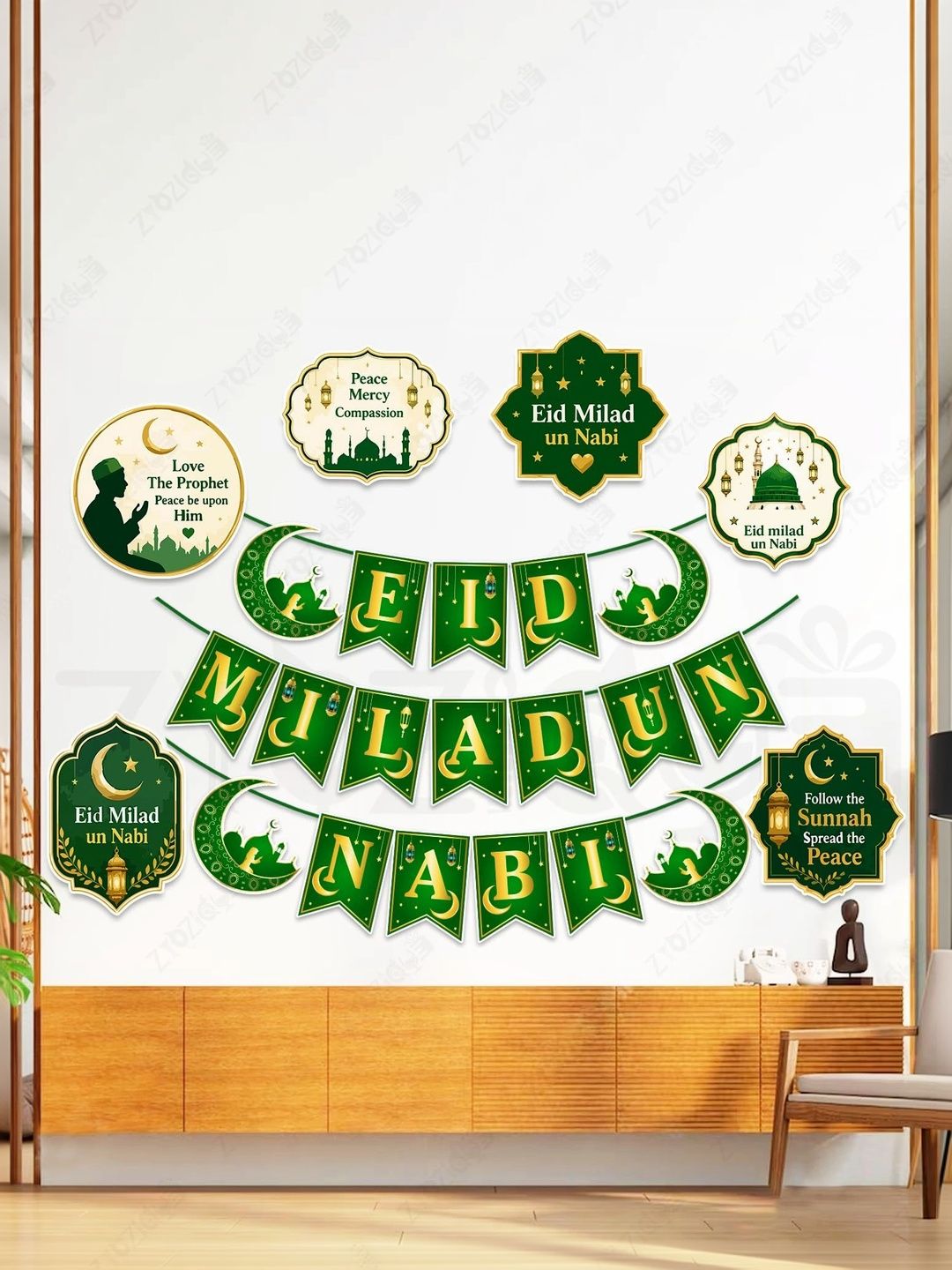 ZYOZI 9-Pcs Green Glossy Reusable Festive Decor - Milad Un Nabi Decorations Kit-picture-18