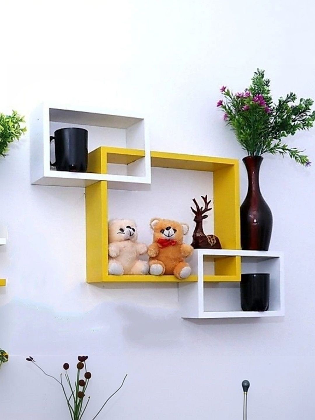 TFS TRADERS Yellow & White MDF Wall Shelf with Keyholders-picture-56