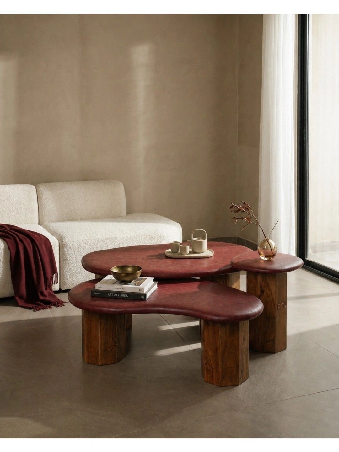 THEGASBH 3 Pieces Maroon & Brown Natural Stone Abstract Shaped Coffee Table-image-21