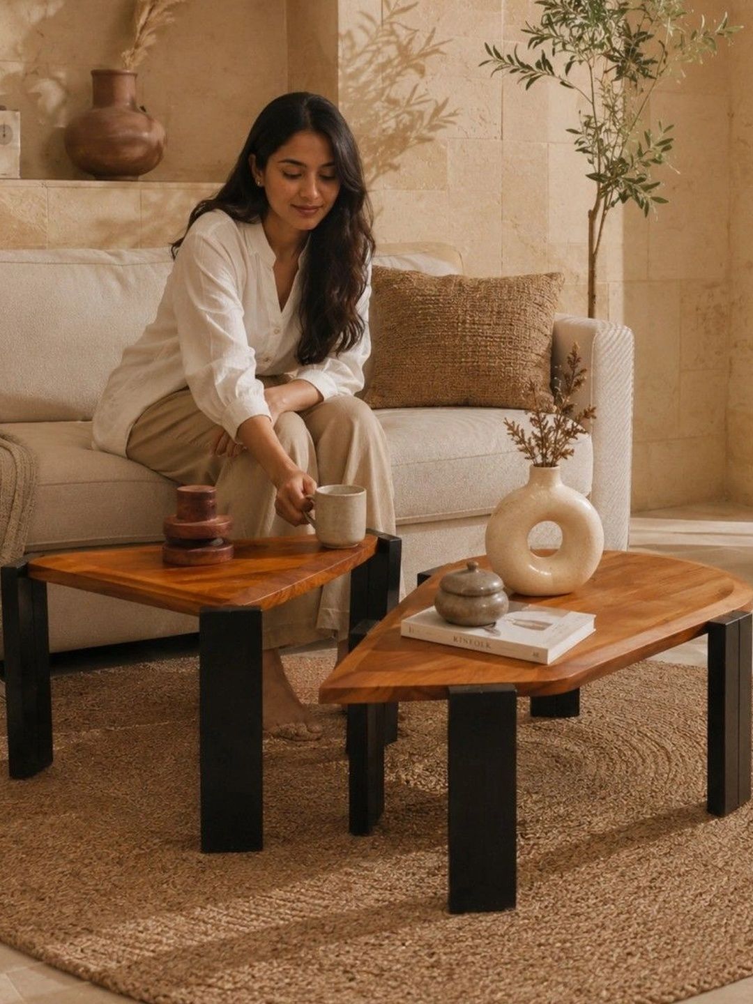 THEGASBH 2 Pieces Black & Brown Natural Stone Abstract Shaped Coffee Table-image-34