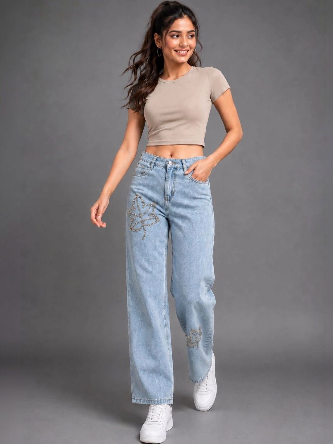 DS CREATIVE Women Wide Leg Mid-Rise Light Fade Embellished Stretchable Jeans-picture-49