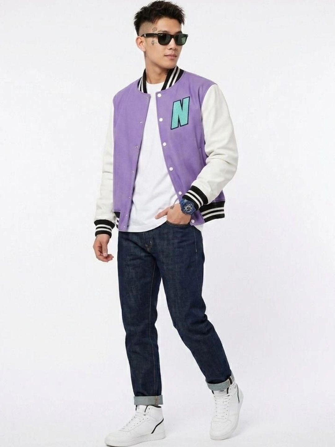 oiin Men Brand Logo Colourblocked Fleece Blend Varsity Jacket-picture-10