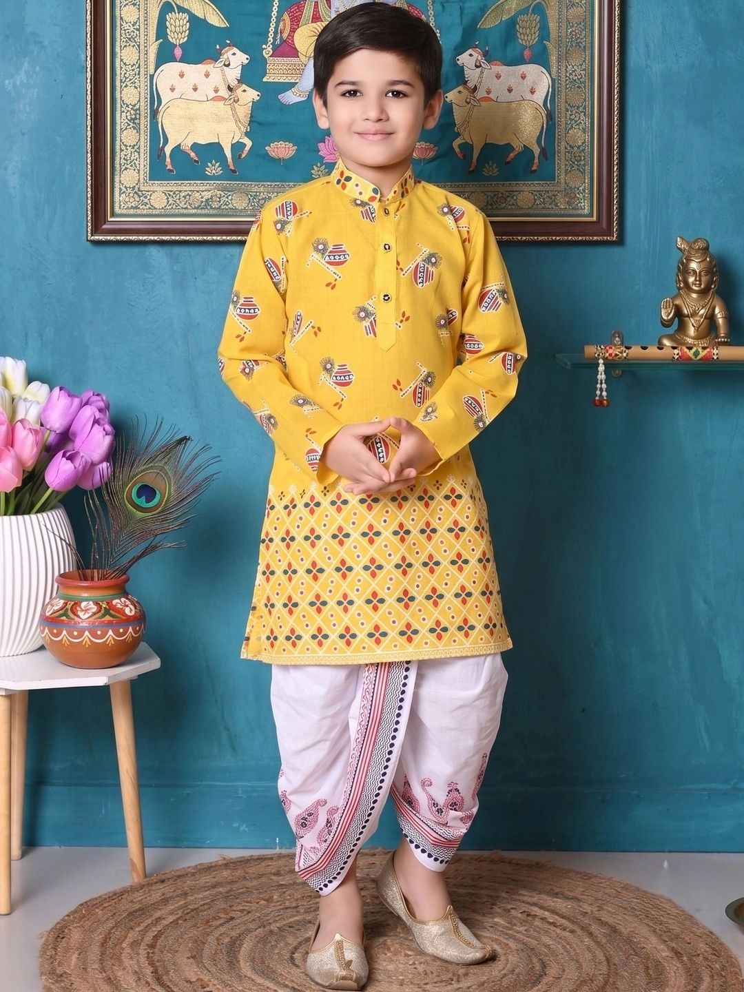 NFC CREATION Boys Ethnic Motifs Printed Regular Pure Cotton Kurta with Dhoti Pants-picture-42