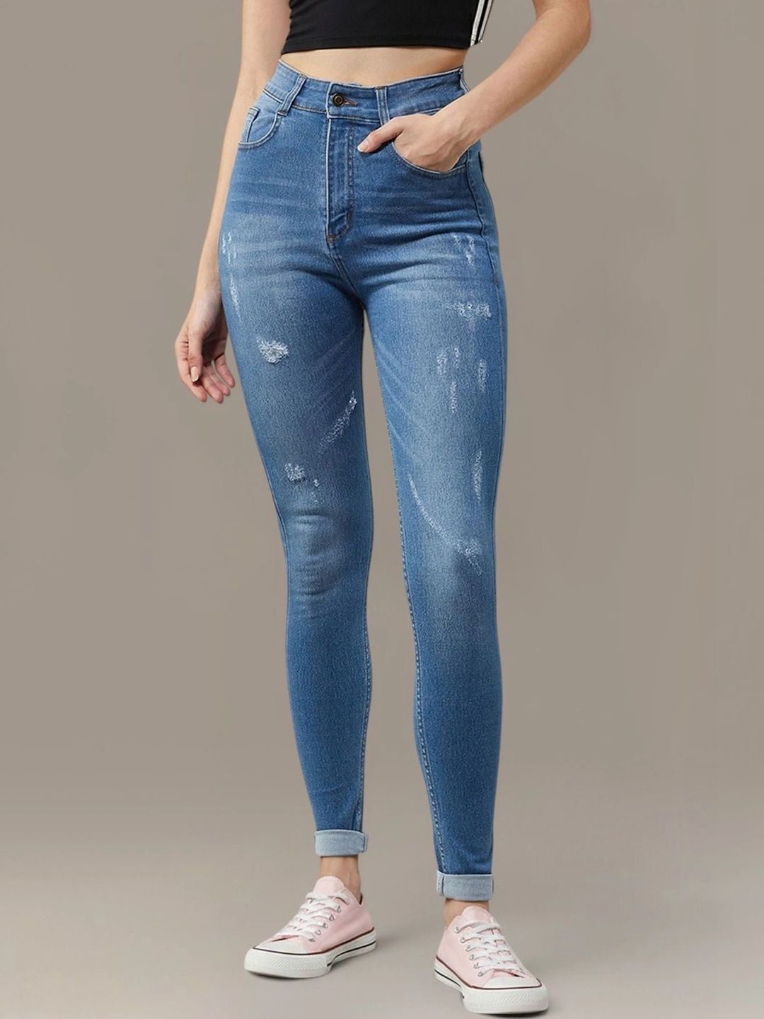 DOLCE CRUDO Women Skinny Fit High-Rise Mildly Distressed Light Fade Cuffed Hem Stretchable Jeans-picture-23