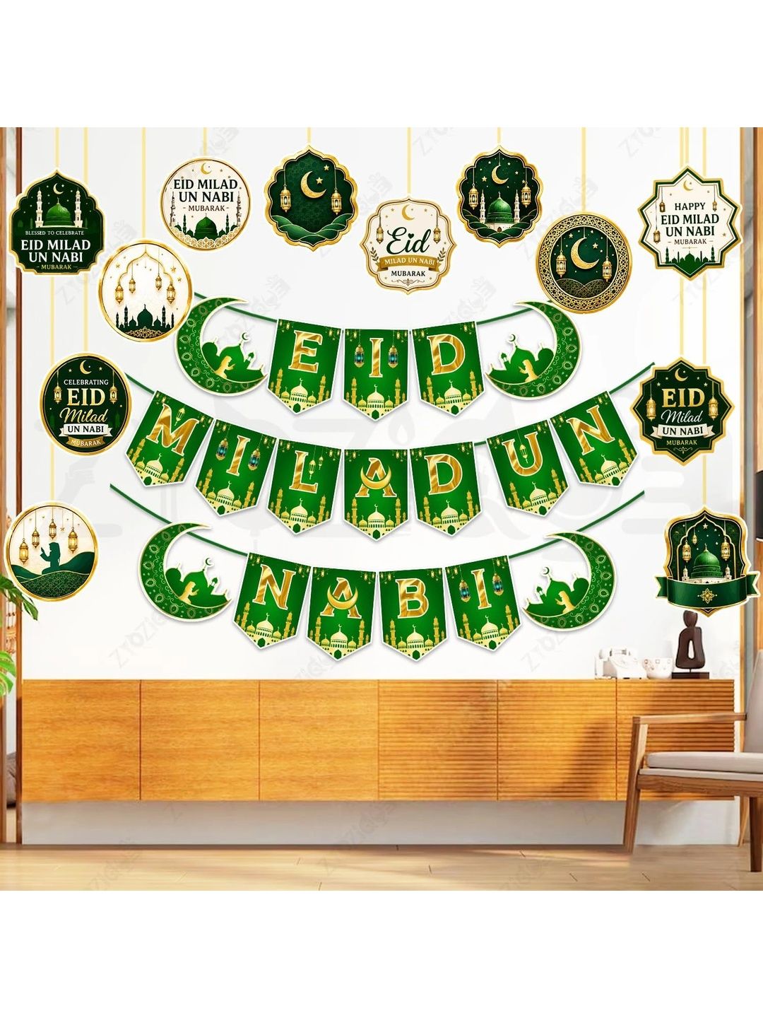 ZYOZI 13-Pcs Green Glossy Reusable Festive Decor - Milad Un Nabi Decorations Kit-picture-26