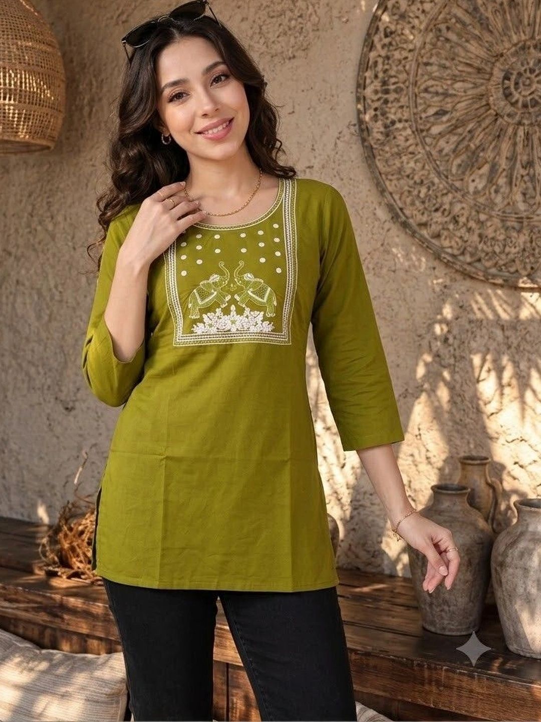 HOUSE OF AXI Ethnic Motifs Embroidered Pure Cotton Kurti-picture-53