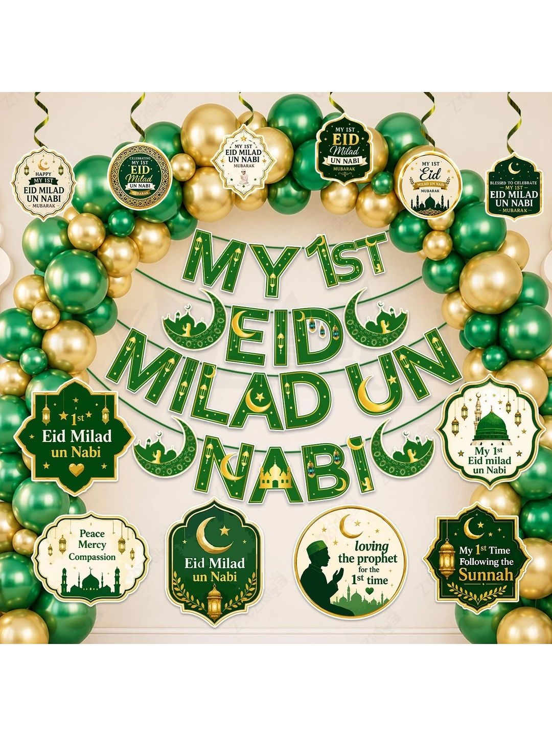 ZYOZI 65-Pcs Green Glossy Reusable Festive Decor - Milad Un Nabi Decorations Kit-picture-5
