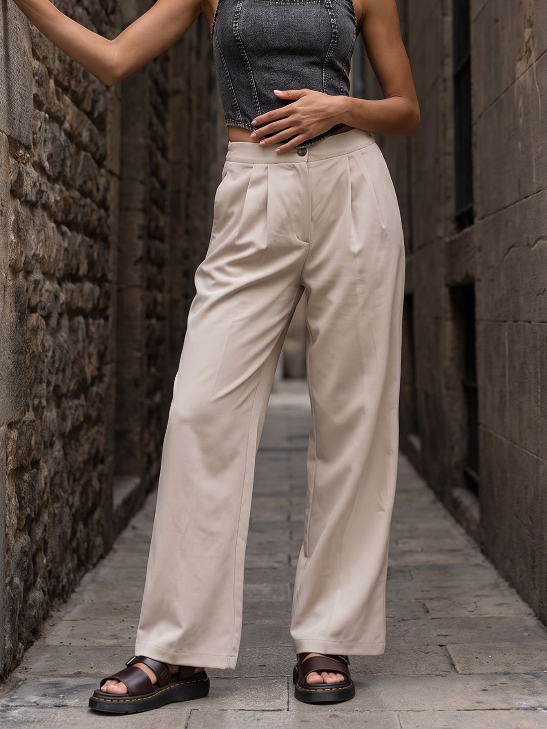 The Roadster Life Co. Women Wide Leg High-Rise Pleated Parallel Trousers-picture-54