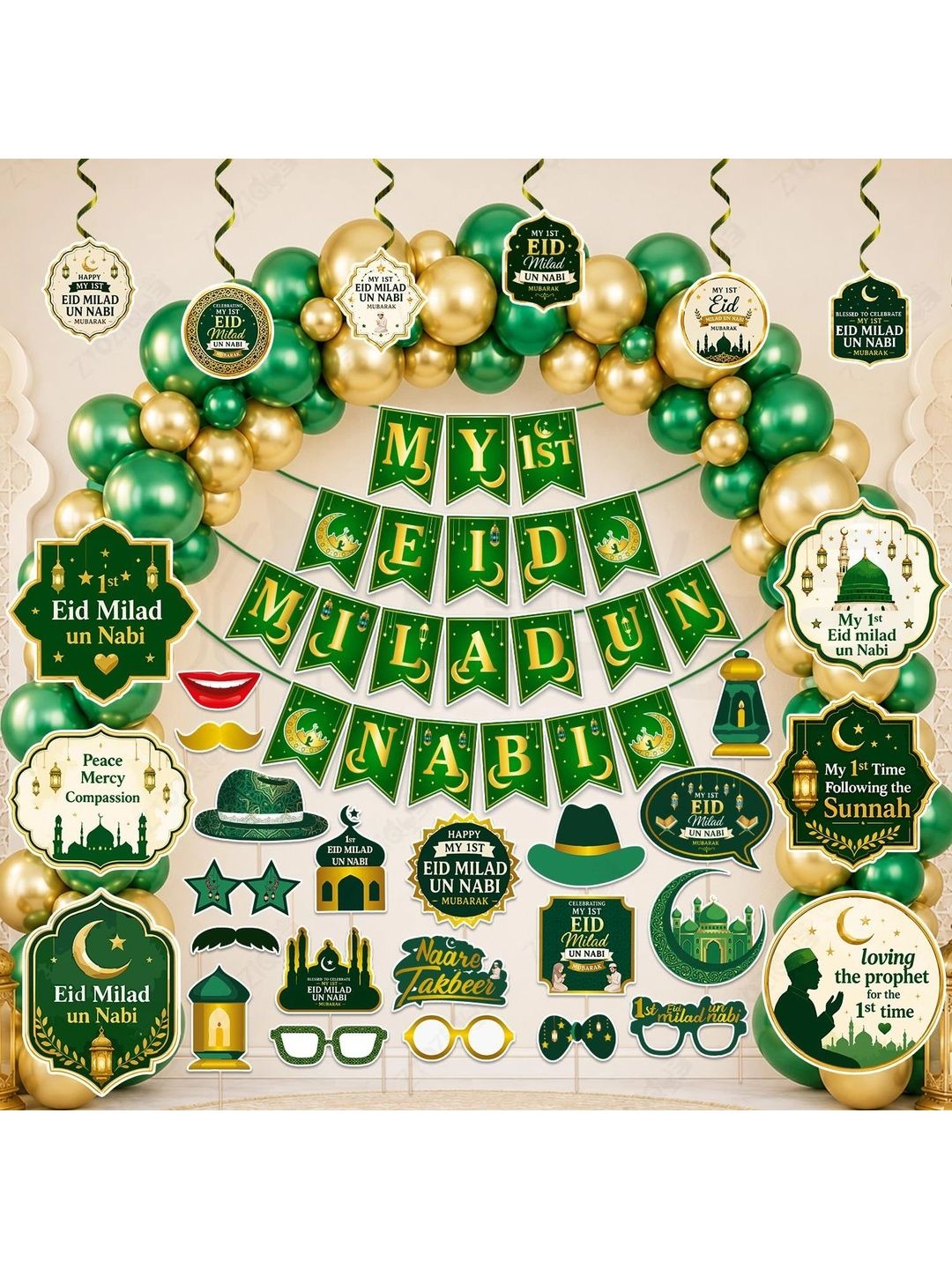 ZYOZI 84-Pcs Green Glossy Reusable Festive Decor - Milad Un Nabi Decorations Kit-picture-47