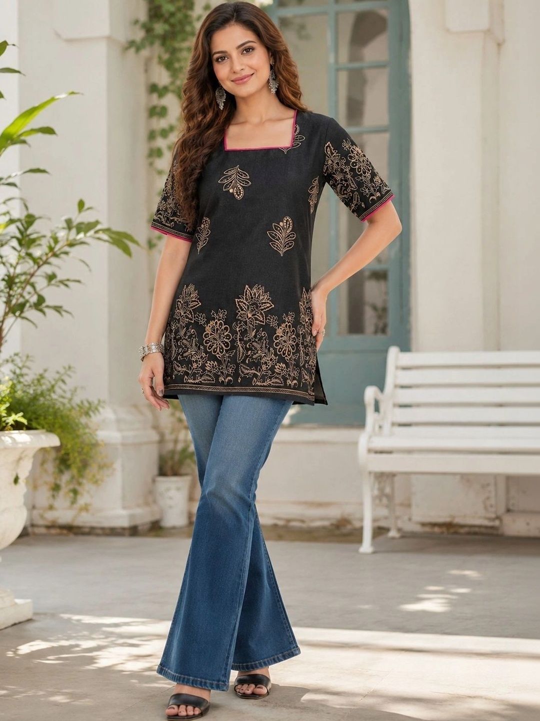 GoSriKi Botanical Embroidered Square Neck Kurti-picture-17