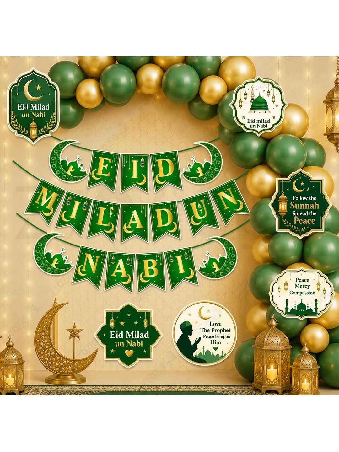 ZYOZI 59-Pcs Green Glossy Reusable Festive Decor - Milad Un Nabi Decorations Kit-picture-48
