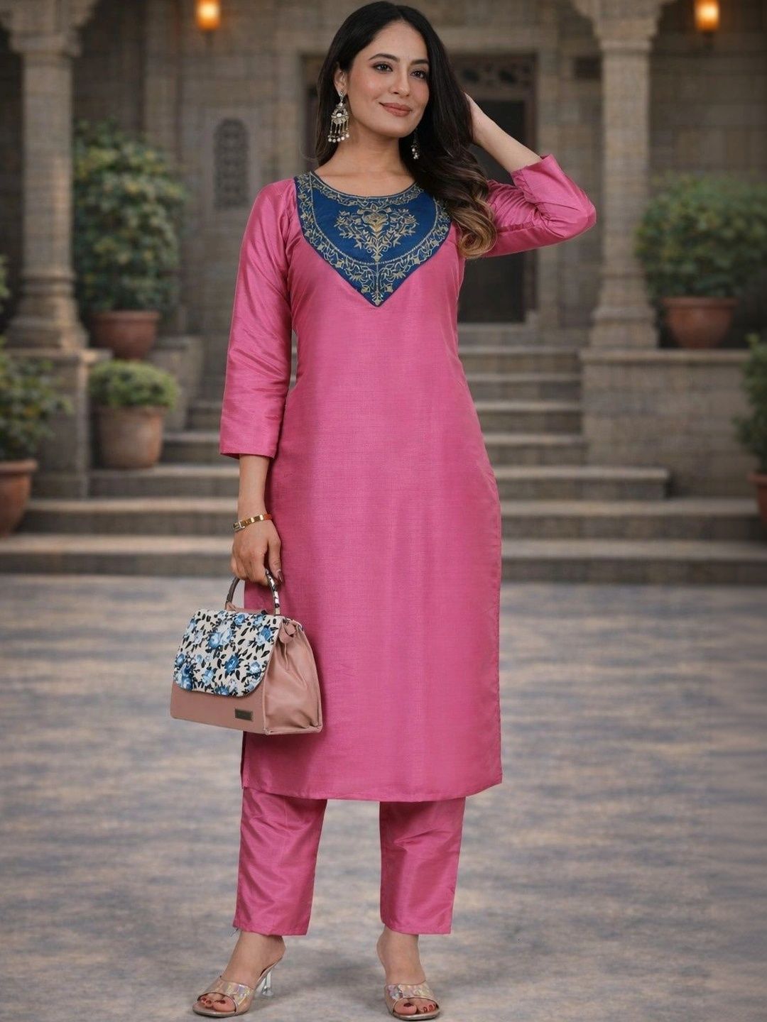 Sangria Floral Embroidered Tunic with Trousers-picture-38