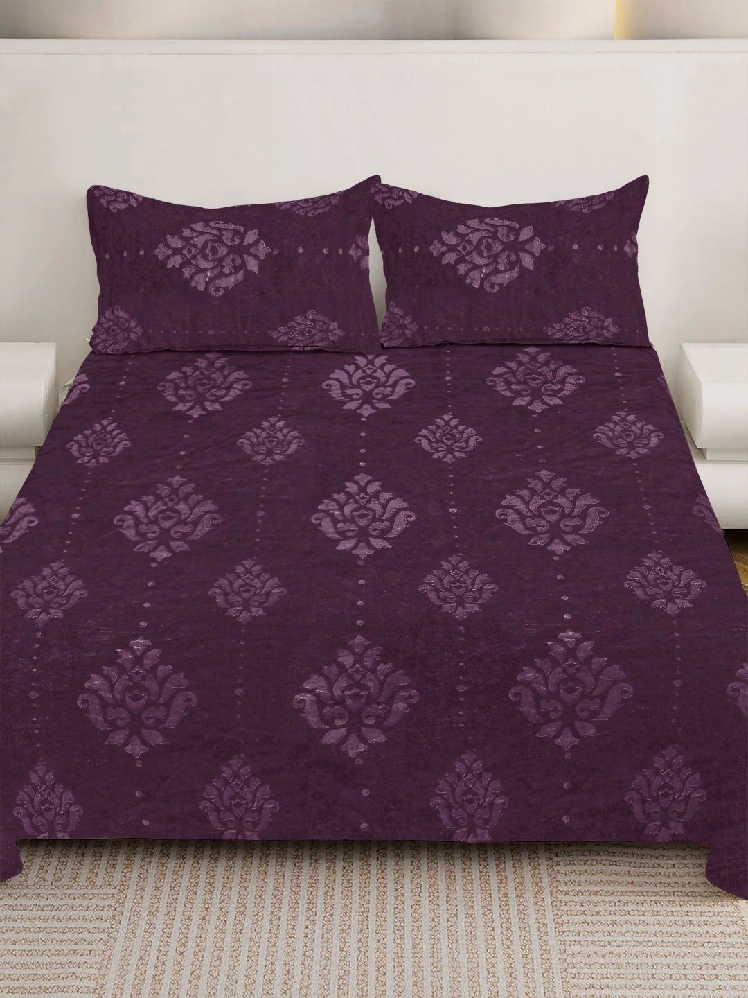 Myntra Elegant Homes Purple Floral 300 TC King Bedsheet with 2 Pillow Covers-image-47