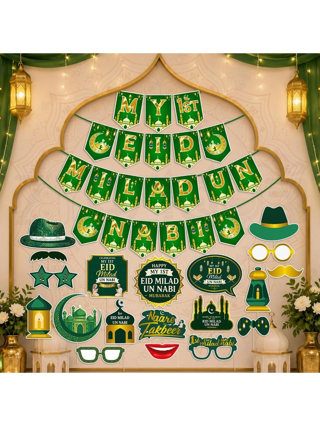 ZYOZI 90-Pcs Green Glossy Reusable Festive Decor - Milad Un Nabi Decorations Kit-picture-1