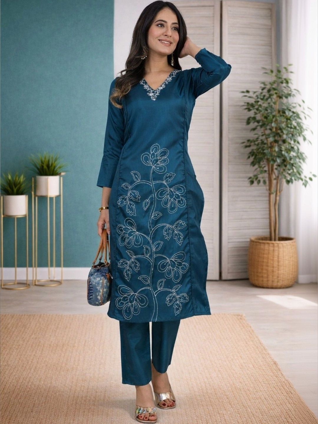 Sangria Floral Embroidered Tunic with Trousers-picture-21
