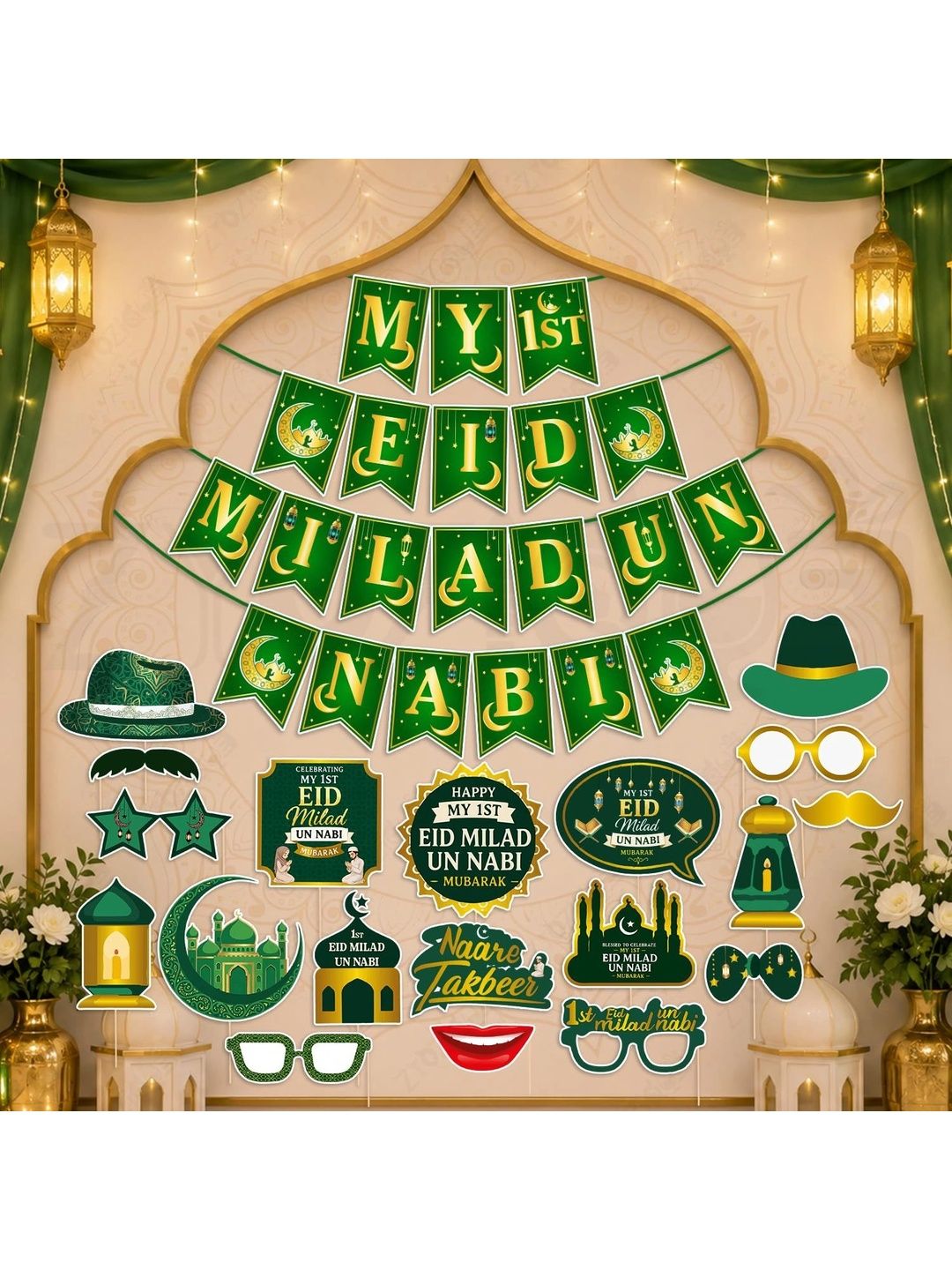 ZYOZI 23-Pcs Green Glossy Reusable Festive Decor - Milad Un Nabi Decorations Kit-picture-18