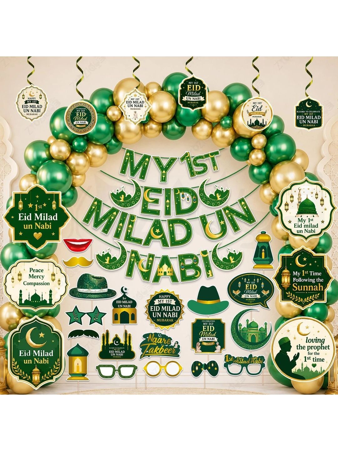 ZYOZI 84-Pcs Green Glossy Reusable Festive Decor - Milad Un Nabi Decorations Kit-picture-14