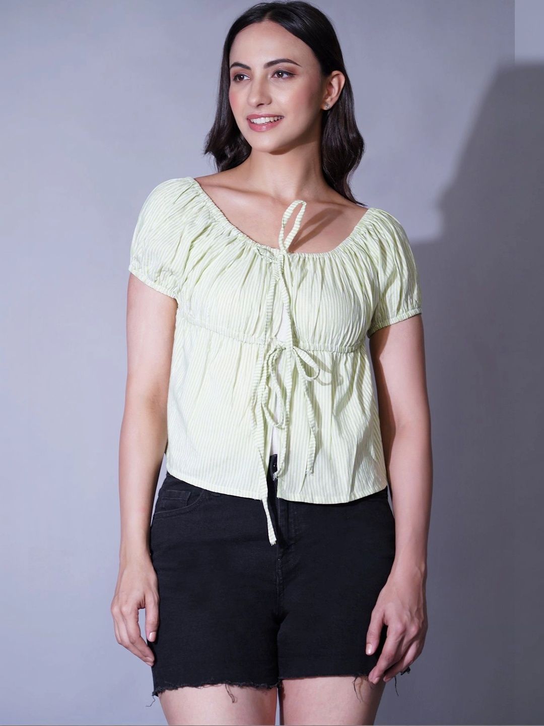 BNS Striped Puff Sleeve Cotton Blend Top-picture-36