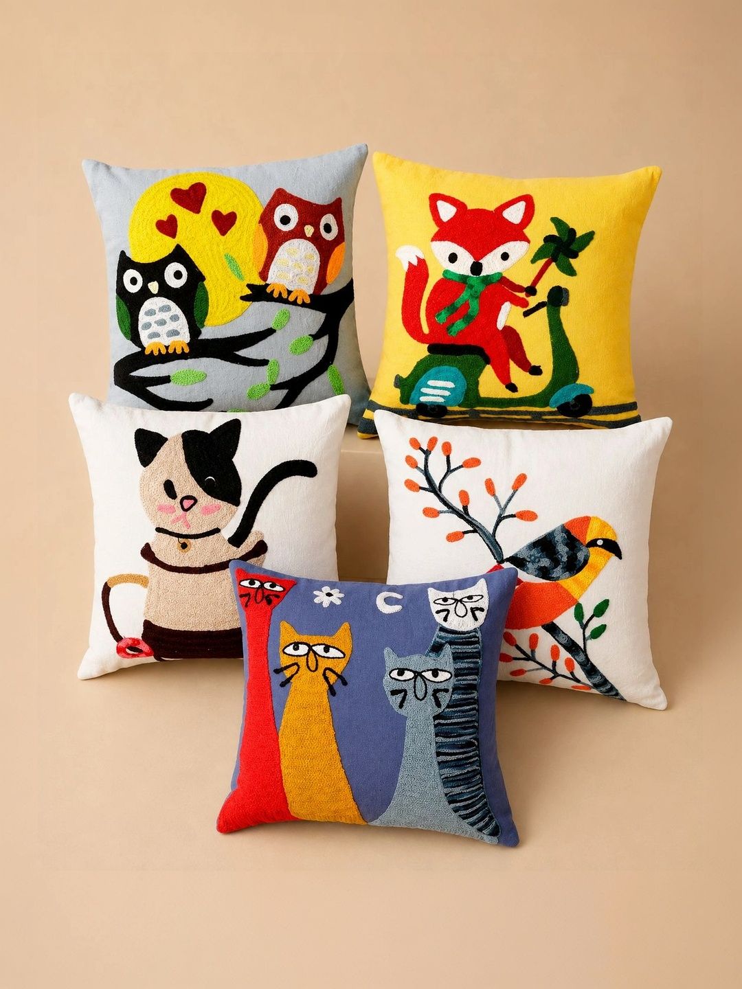 HANDICRAFT PALACE Yellow Set of 5 Square Cushion Covers-picture-7