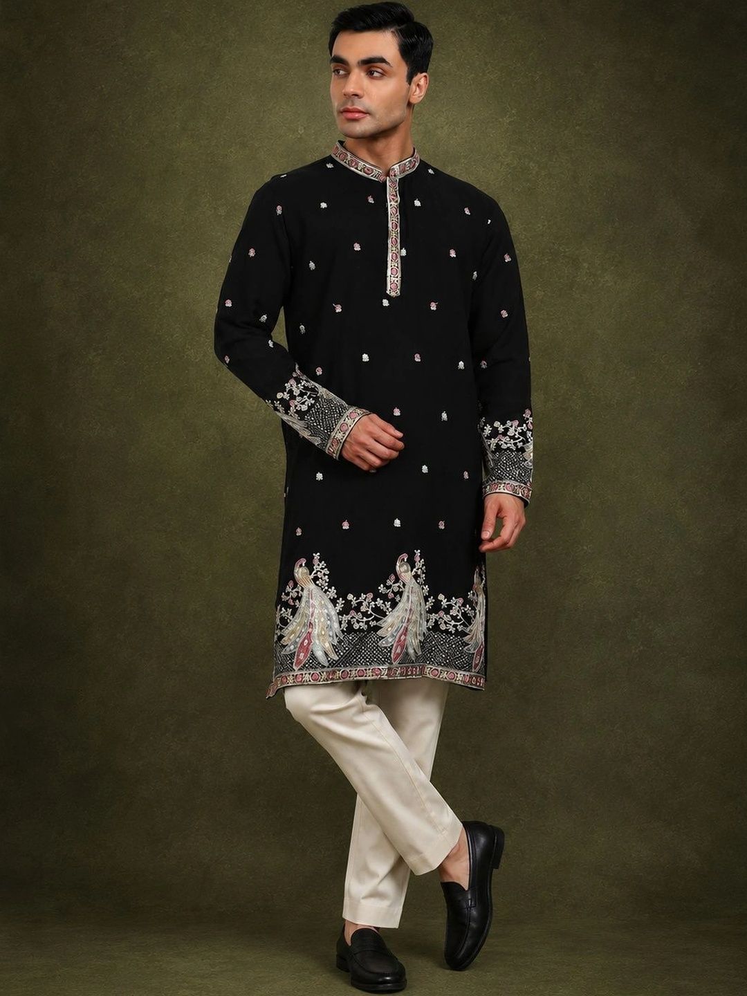 HERE&NOW Men Ethnic Motifs Embroidered Regular Thread Work Kurta with Trousers-picture-11