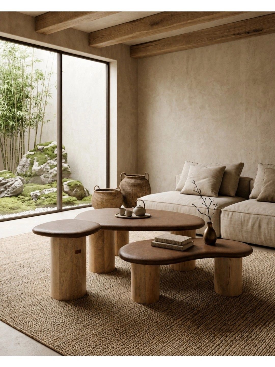 THEGASBH 3 Pieces Beige & Brown Natural Stone Abstract Shaped Coffee Table-picture-51