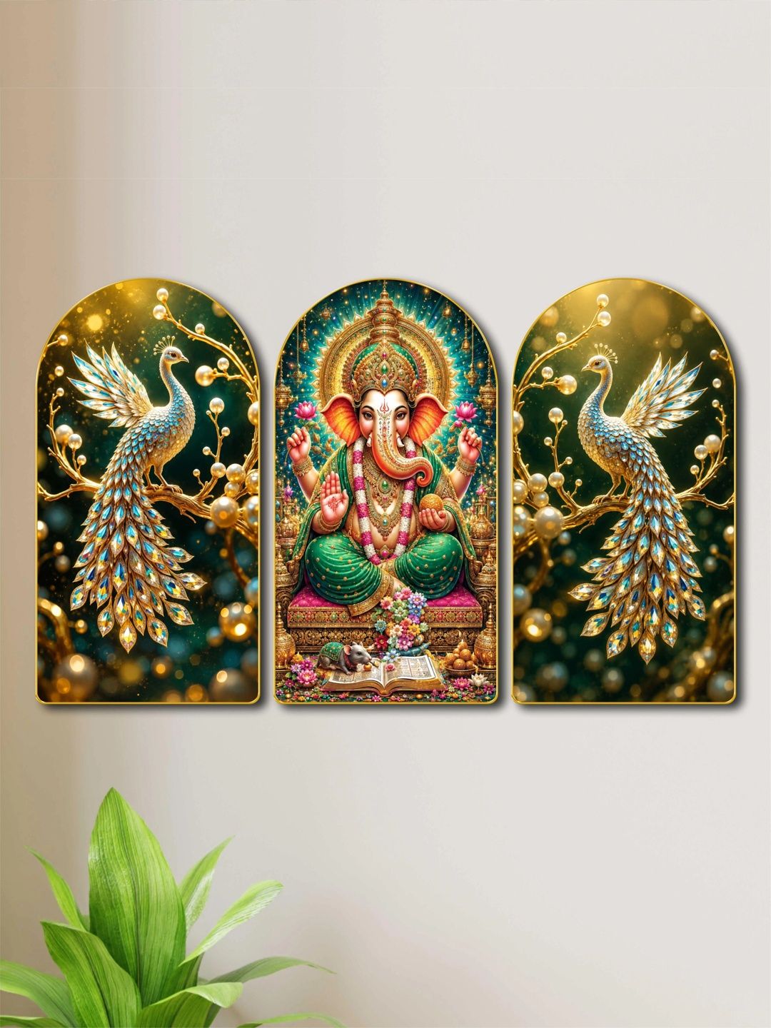 Myntra Elegant Homes Green & Gold-Toned Set of 3 Piece MDF Religious Wall Paintings-picture-47
