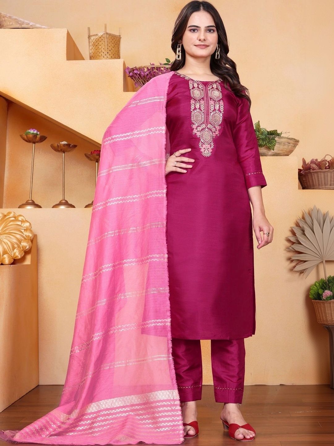 Sangria Women Embroidered Regular Thread Work Kurta with Trousers & With Dupatta-picture-17