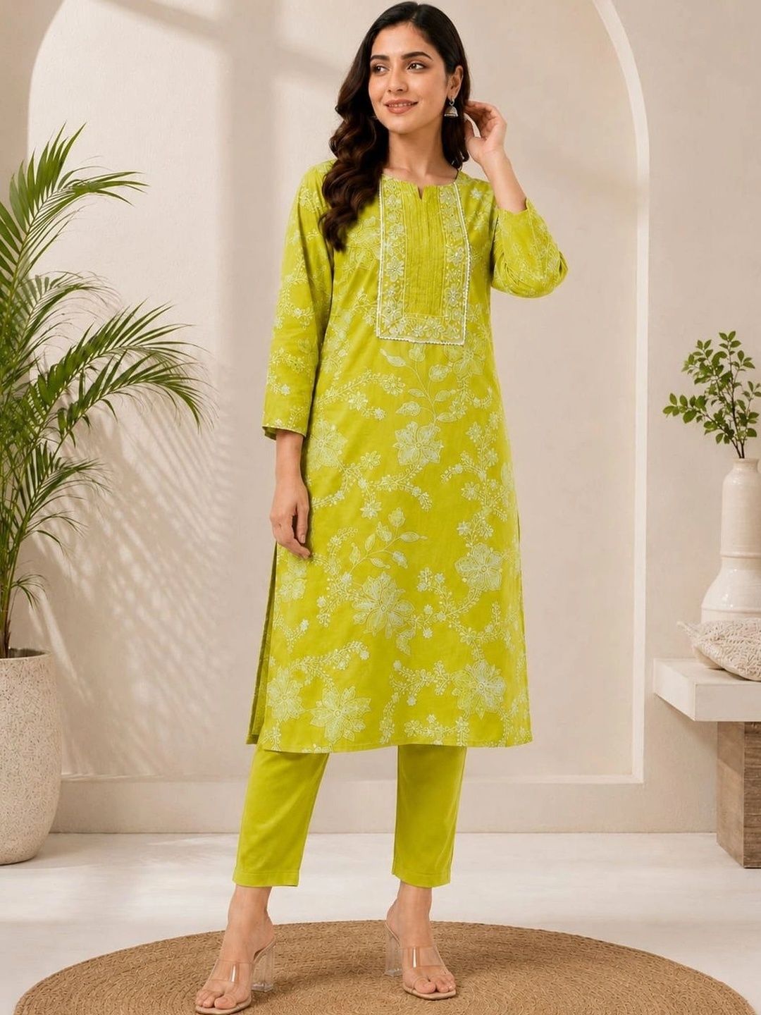 HERE&NOW Women Floral Embroidered Regular Thread Work Pure Cotton Kurta with Trousers-picture-34