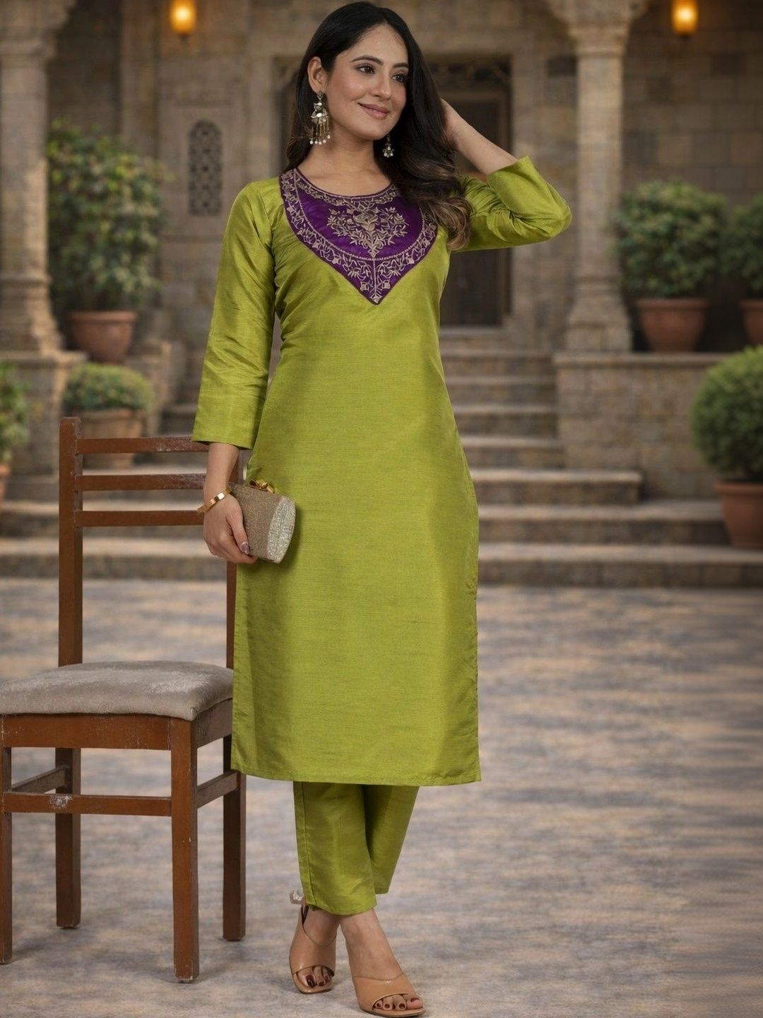 Sangria Floral Embroidered Tunic with Trousers-picture-17