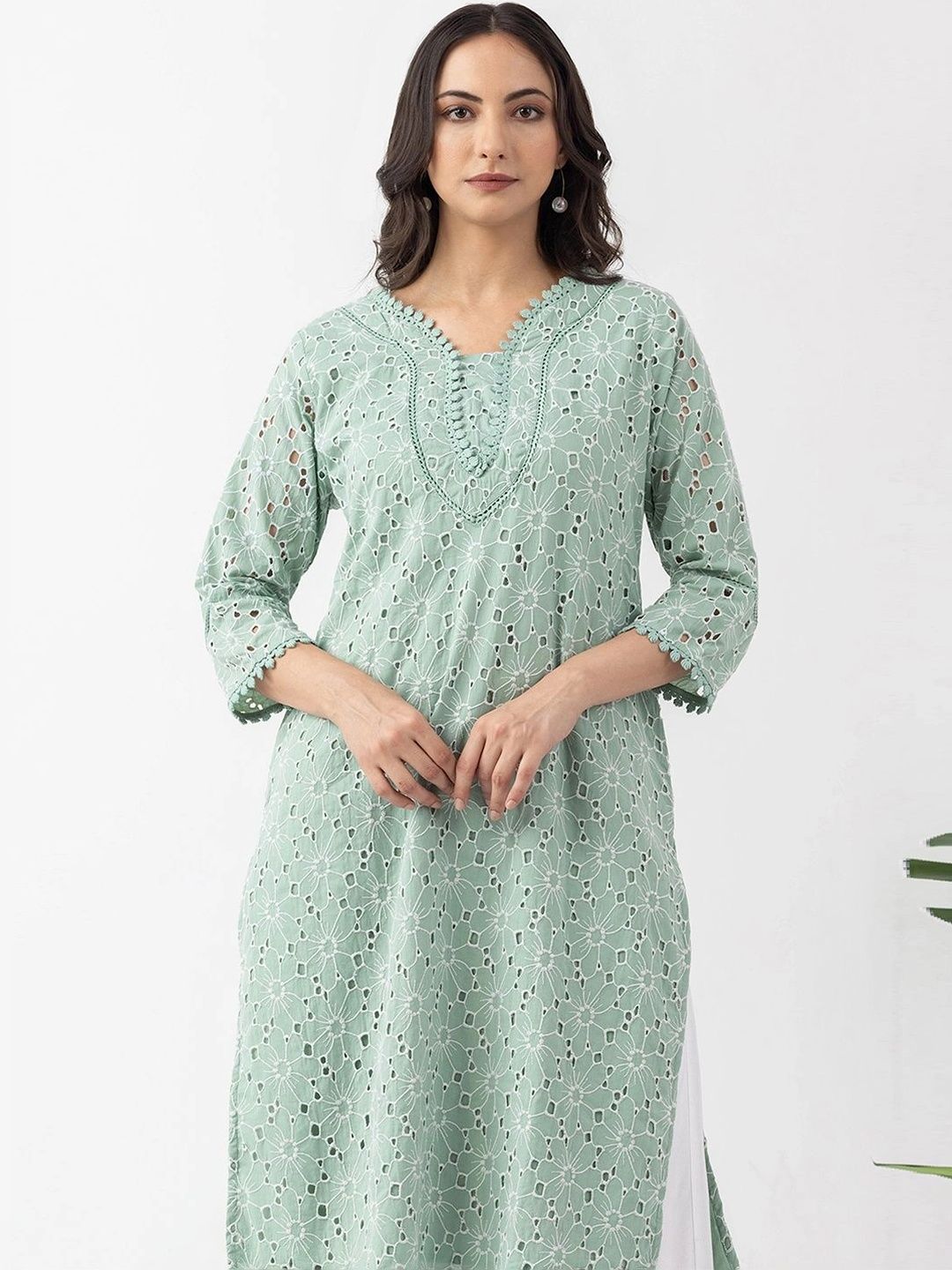 Mustard Floral Embroidered V-Neck Thread Work Pure Cotton Thread Work Kurti-picture-49