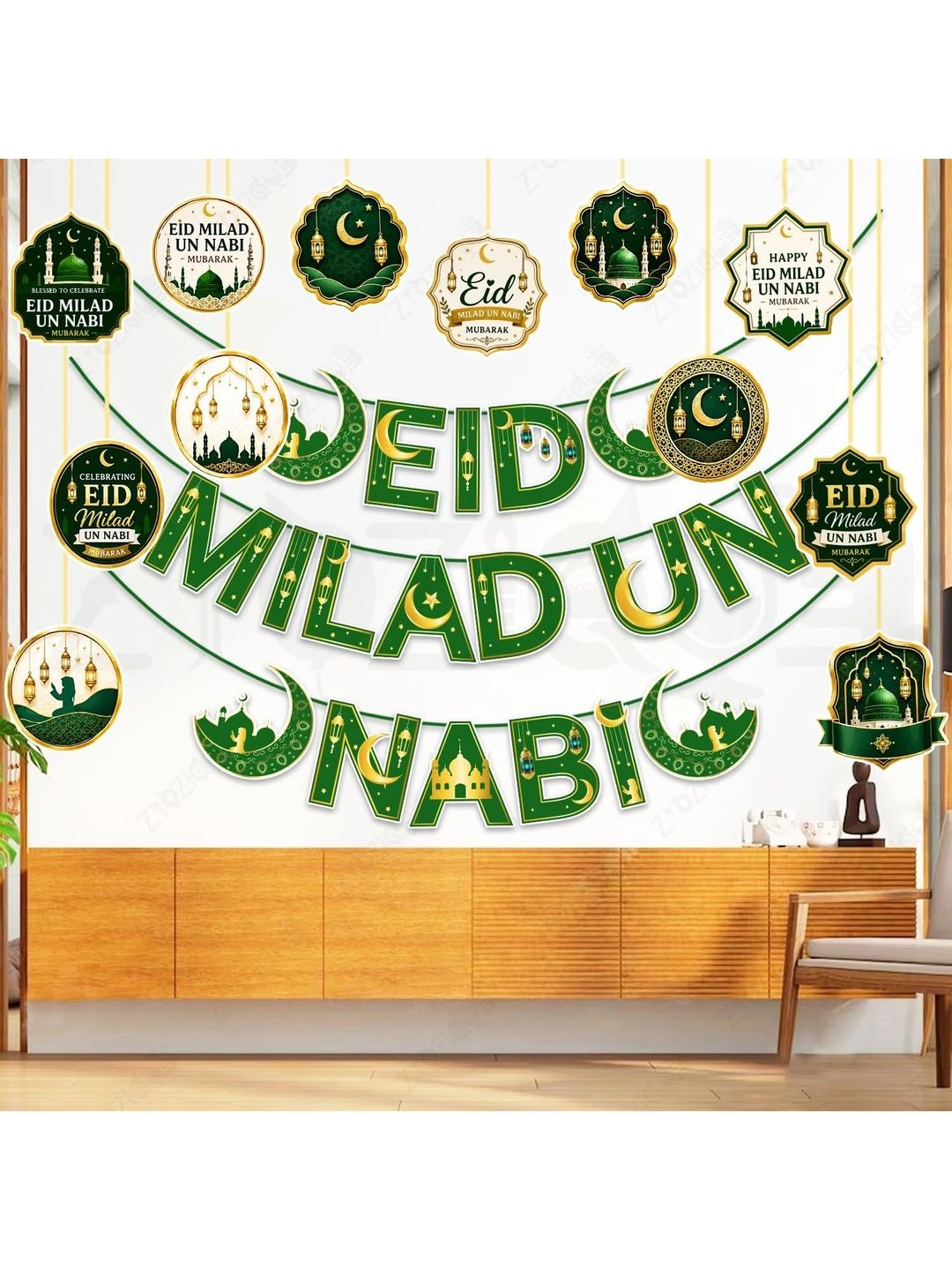 ZYOZI 13-Pcs Green Glossy Reusable Festive Decor - Milad Un Nabi Decorations Kit-picture-45