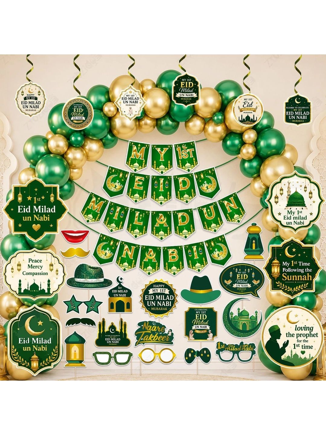 ZYOZI 84-Pcs Green Glossy Reusable Festive Decor - Milad Un Nabi Decorations Kit-picture-16