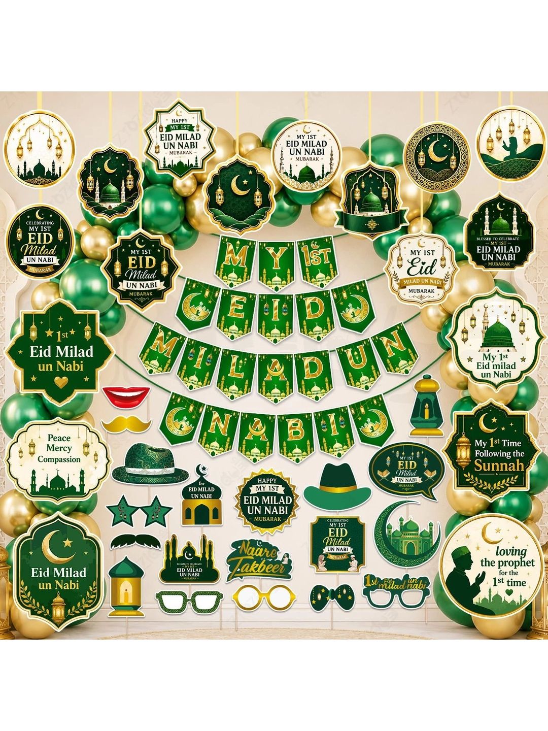 ZYOZI 90-Pcs Green Glossy Reusable Festive Decor - Milad Un Nabi Decorations Kit-picture-43