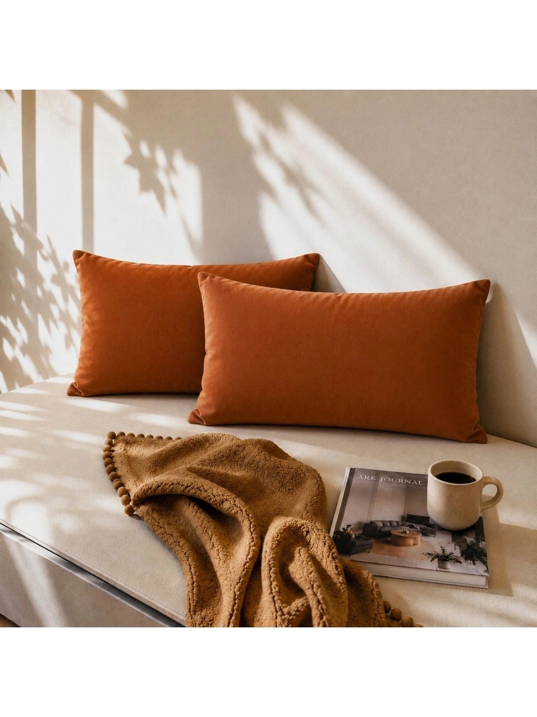 SKANDA FAB 2-Pcs Camel Brown Pure Cotton Rectangle Sofa Cushions-picture-33