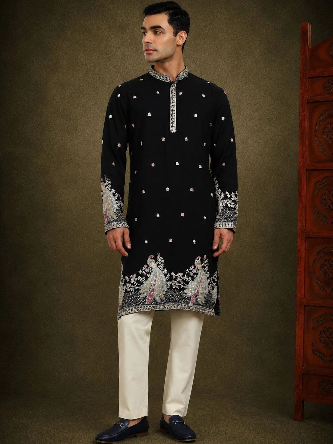 HERE&NOW Men Ethnic Motifs Embroidered Regular Thread Work Kurta with Trousers-picture-43