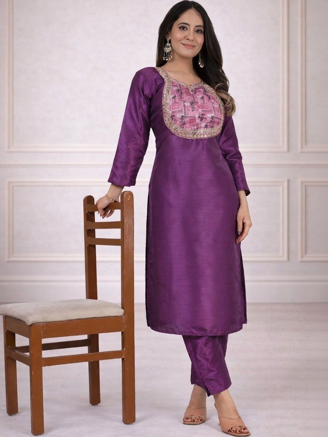 Sangria Floral Embroidered Tunic with Trousers-picture-18