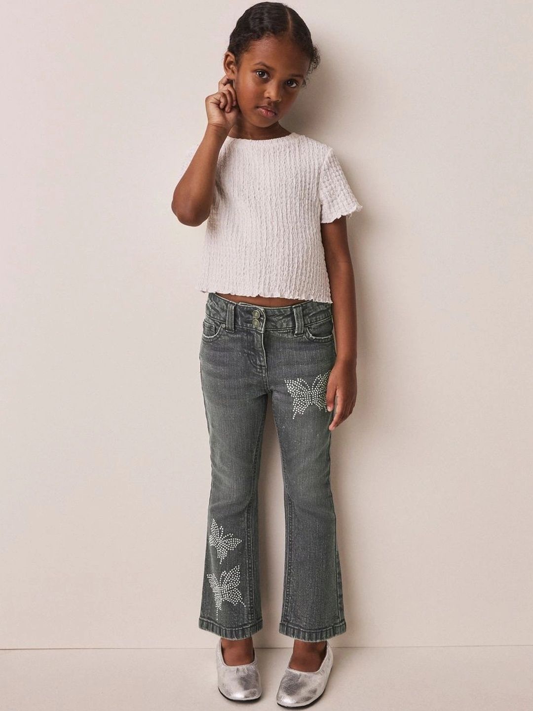 NEXT Girls Flared Mid-Rise Light Fade Embellished Stretchable Jeans-picture-16