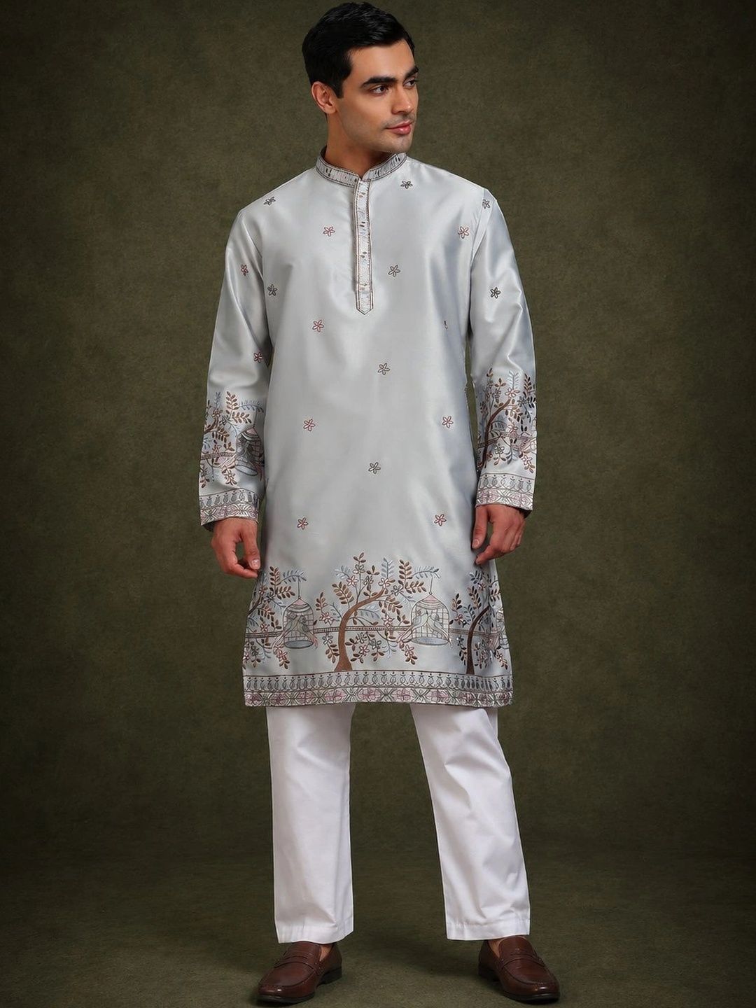 HERE&NOW Men Ethnic Motifs Embroidered Regular Thread Work Kurta with Trousers-image-26