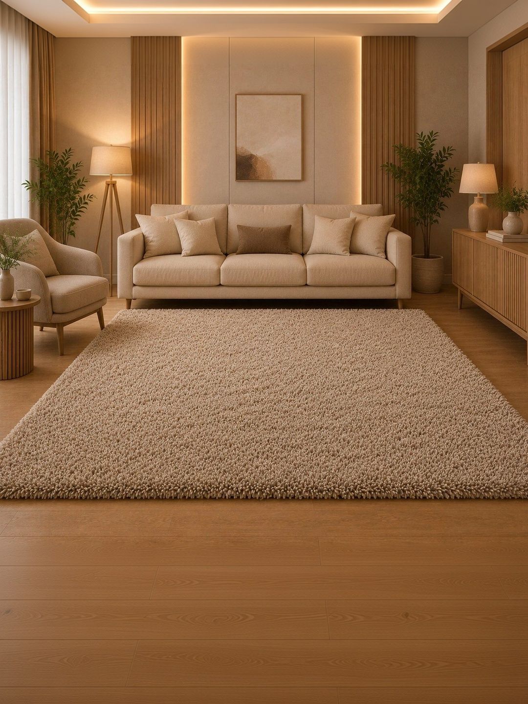 KAYNAT CARPET Beige Solid Shaggy Woollen Carpet-picture-14